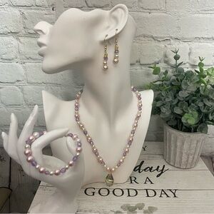 Pink White Purple Pearl & Bead Jewelry Necklace Set